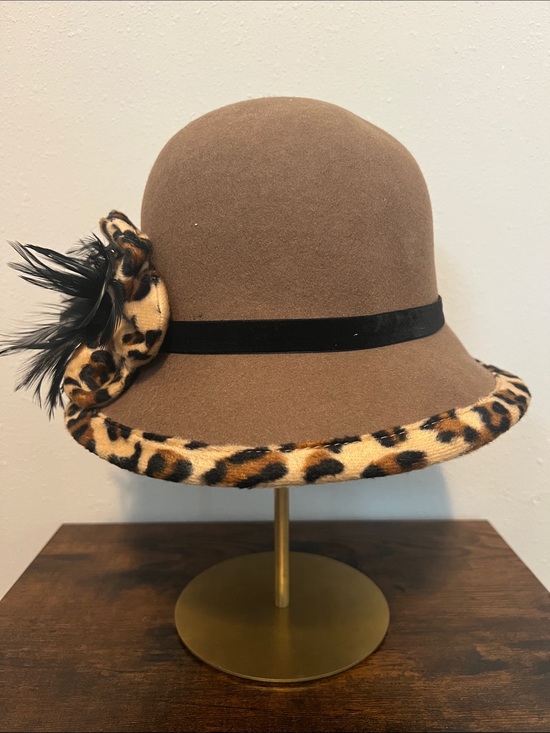 ADORA Accessories - ADORA Brown Cloche Hat with Leopard Trim and Feather Detail